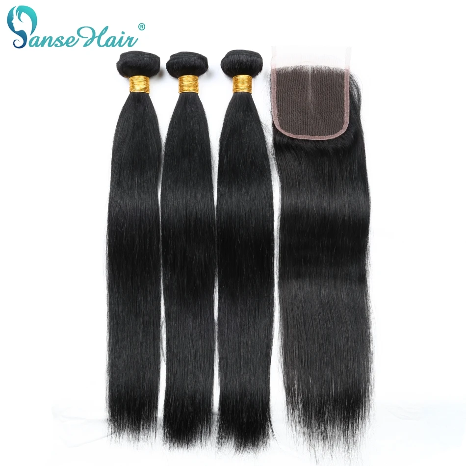 Panse волос перуанские пучки волос 3 Связки с одним кружева закрытия 4X4 прямые человеческих Инструменты для завивки волос продукты, не remy