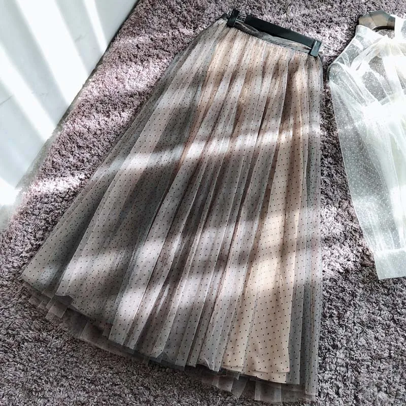 Новое изменение прозрачные маятниковые складки с свитер сетка юбка половинной длины юбка с