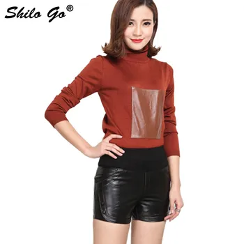 

Leather Shorts Womens Spring Fashion sheepskin genuine Leather Shorts stretch high waist concise slim black shorts