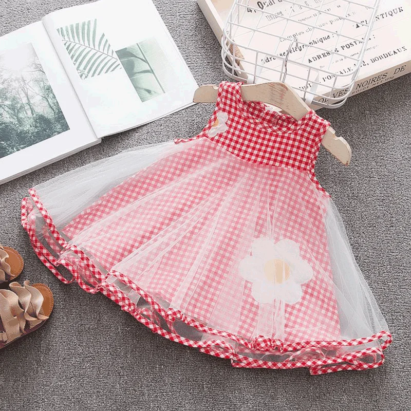 

Kids Summer Girl Dress Sleeveless O-Neck Floral Print Plaid Mesh Princess Dress Babes Clothing Vestidos Kids Dress for Girls