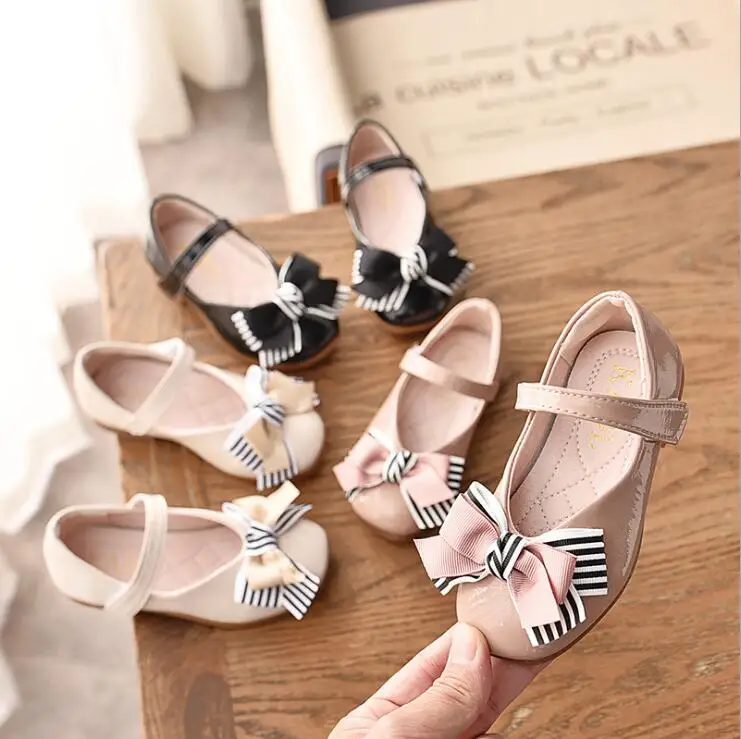 

Spring autumn Children girl PU stripe bowknot shoes Girls Shoes Flat casual princess Shoes 3colors 26-36 1900 TX07