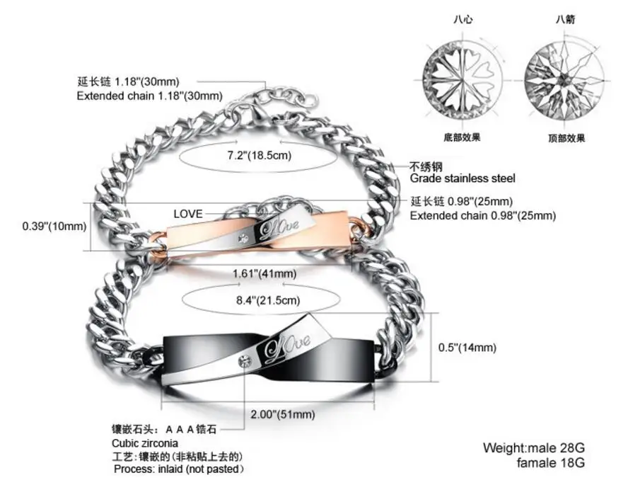 Влюбленных Цепи& Link Браслеты Романтический Черный/Золотой Цвет Любовь Нержавеющая Сталь+ CZ Женщины Мужчины Ювелирные Изделия 702
