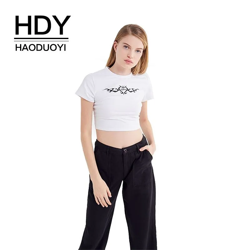 

HDY Haoduoyi 2019 Street Style Simple Leisure Tight Round Neck Tops Summer Lady New Style Printed Fashion Short Navel T-shirt