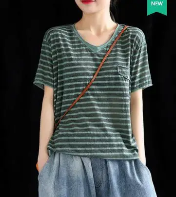 Johnature повседневные топы в полоску с коротким рукавом и v-образным вырезом Новая летняя одежда корейский стиль свободные винтажные удобные женские футболки - Цвет: Зеленый