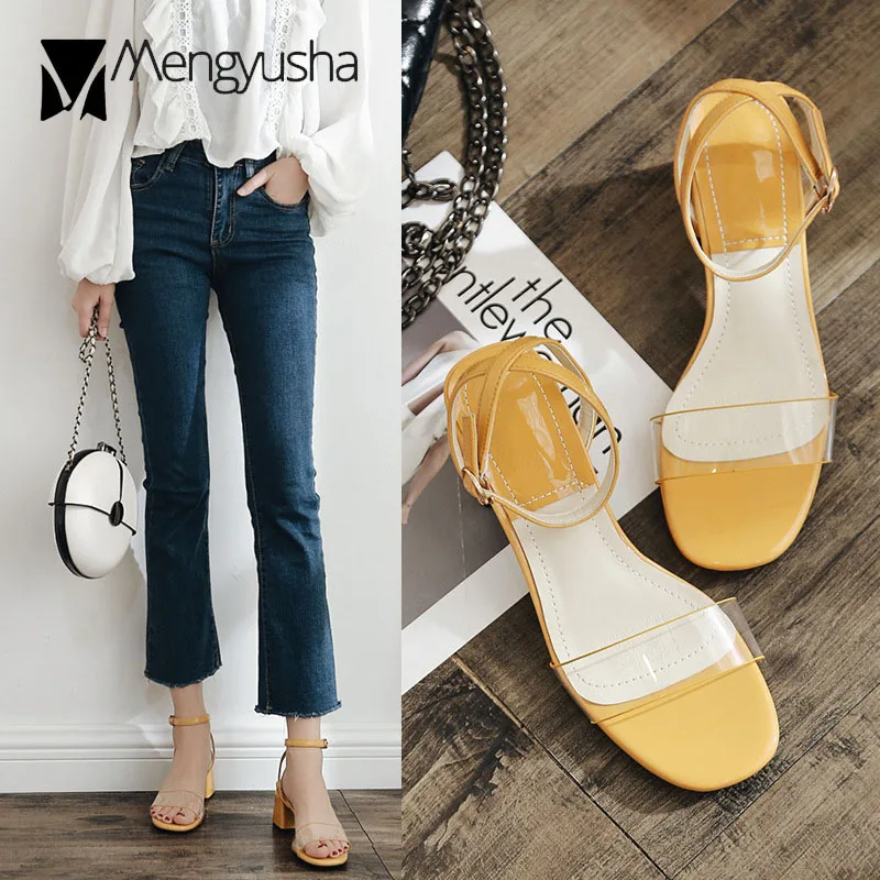 

hot popular japanned leather yellow sandals women transparent high heels mules ladies summer shoes clear sandalias mujer c784