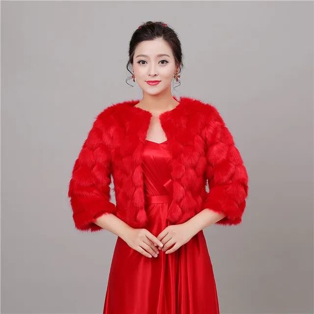Reviews Red Autumn Season Faux Fur Wedding Wrap Bolero Jackets Bridal Coat Cape Cloak Shawls Scarves Stock Shoulder is 42cm