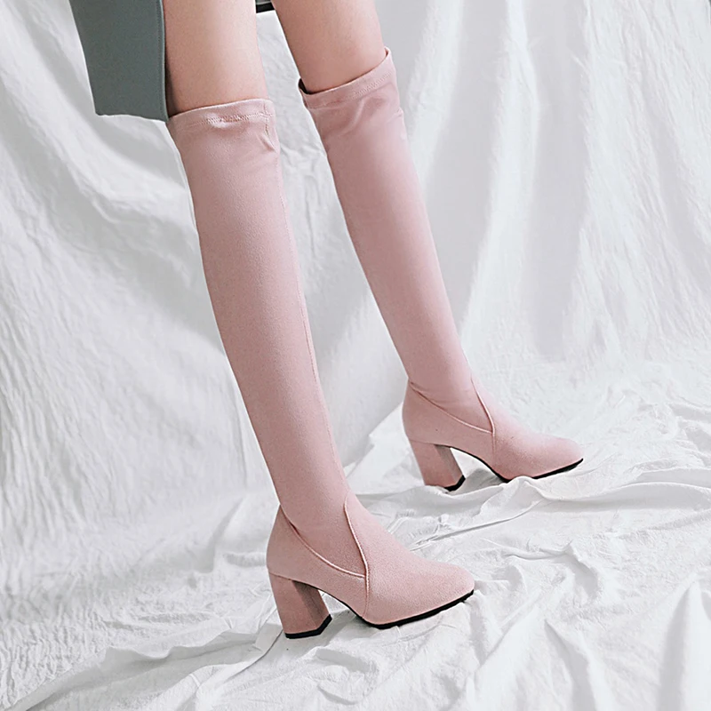 Kcenid/большой размер 33-48, зимняя обувь женские сапоги до колена Новое поступление, однотонные розовые флоковые сапоги с острым носком на высоком квадратном каблуке