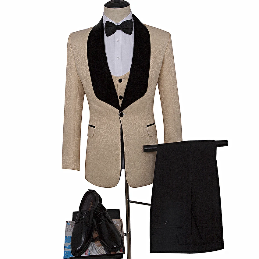 Пиджак+ жилет+ брюки жениха мужской костюм с брюками Terno приталенный пиджак с шалью на лацкане свадебный смокинг для жениха цвет шампанского мужской костюм s