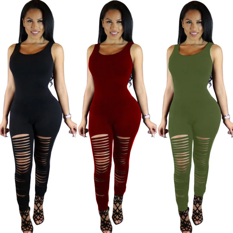

2018 New Women's Sleeveless Jumpsuit Fashion Ladies Ripped Hole Playsuit Casual Bandage Bodycon Fitness Jumpsuit Stylish Romper