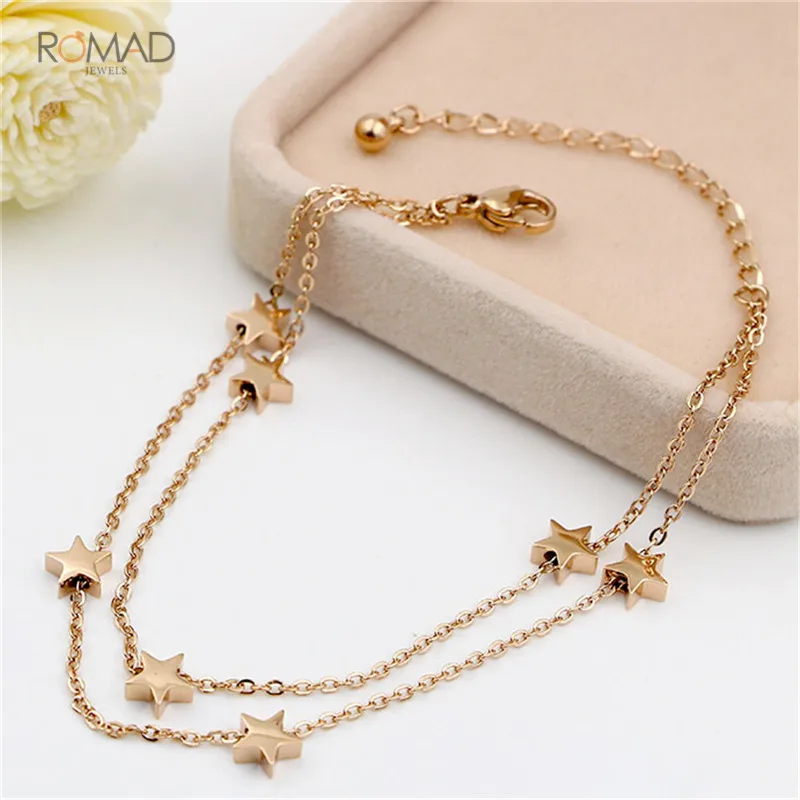 

Romad Dainty Cute Beads Star Anklet Jewelry Rose Gold Silver Color Double-Layered Chain Anklet Bracelet For Woman Gift