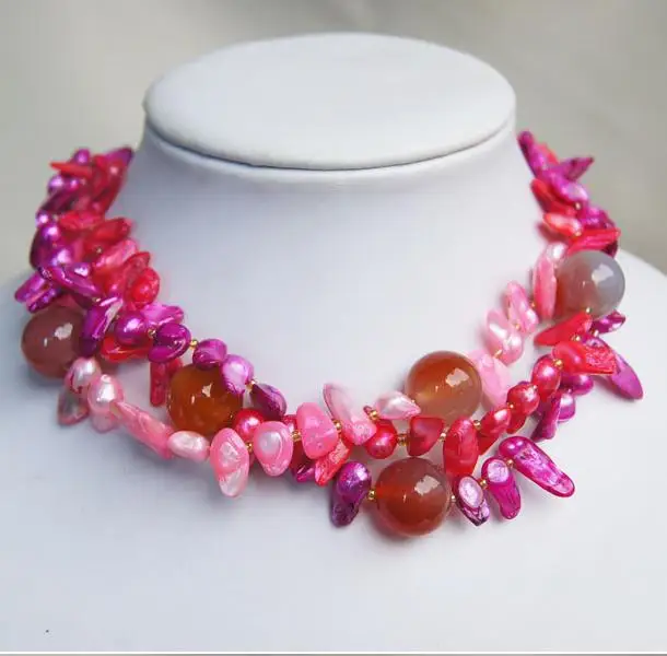 

Genuine Pearl Jewellery,Multi-Strand Baroque 3rows Freshwater Pearl Agates Necklace,6-25mm Multicolor,Fashion Women Gift Jewelry