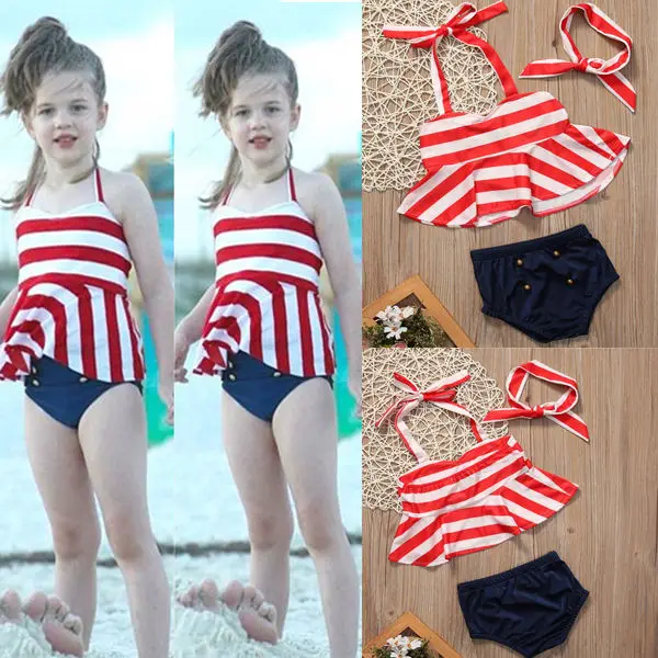 Kids Girl Baby Clothes Set Bikini Swimwear Tops Halter Stripe Tankini