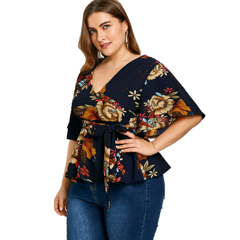 

Big Plus Size Blouse 2018 Summer Women V Neck Bohemian Self Belted Tops Floral Print Large Size Ladies Tops Blusas 4XL 5XL