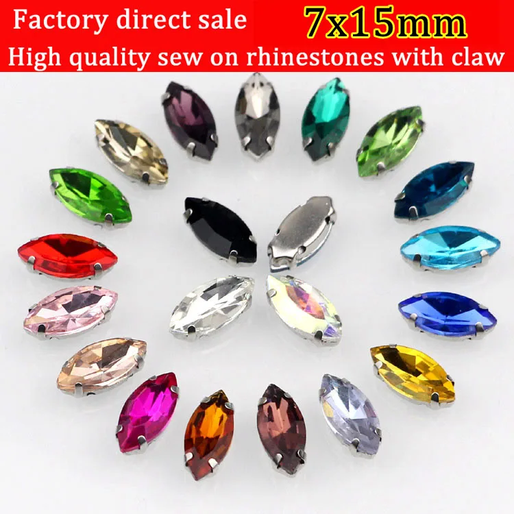

7x15mm 20pcs/lot Horse Eye shape Sew On silvery claw Rhinestones, Multicolor choose