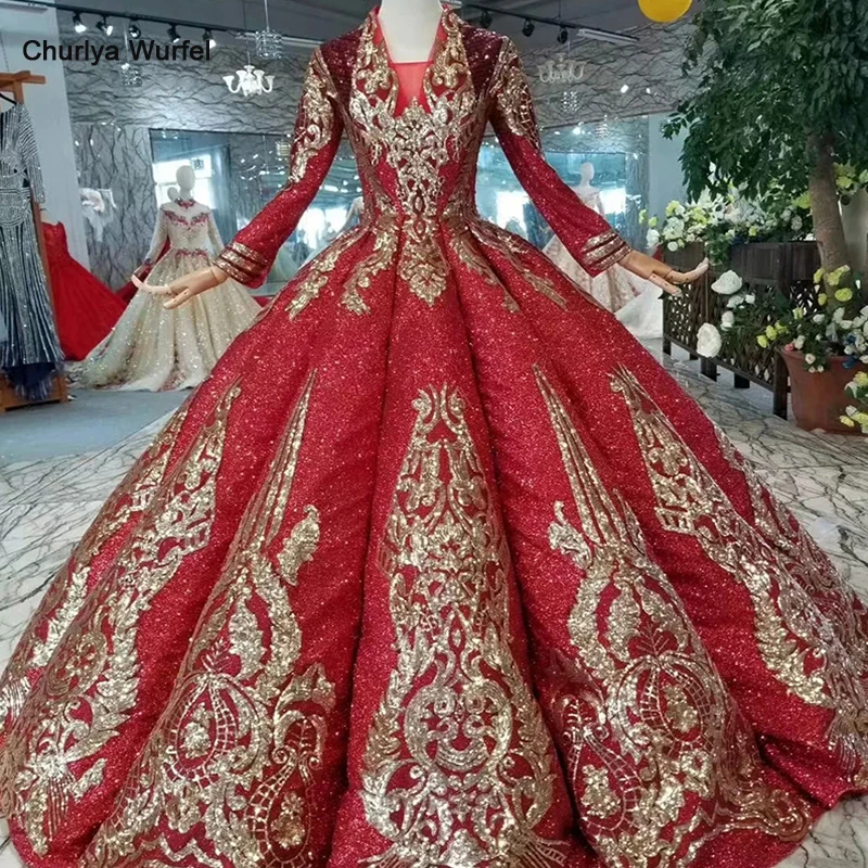 

LSS374 luxury vintage wedding party dresses floor length v-neck long sleeves lace up back muslim ladies prom dresses curve shape