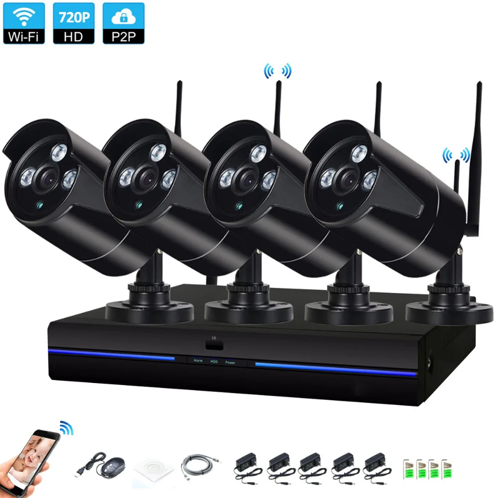 

4CH/6CH/8CH 720P HD Wireless NVR Kit P2P 720P Indoor Outdoor black IR Night Vision Security 1.0MP IP Camera WIFI CCTV System