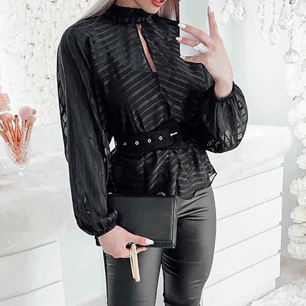 

New Women's Black Striped Mesh Perspective Tops Blouses Summer Sexy Turtleneck Hollow Out Long Sleeve Party Slim Shirts Tunic