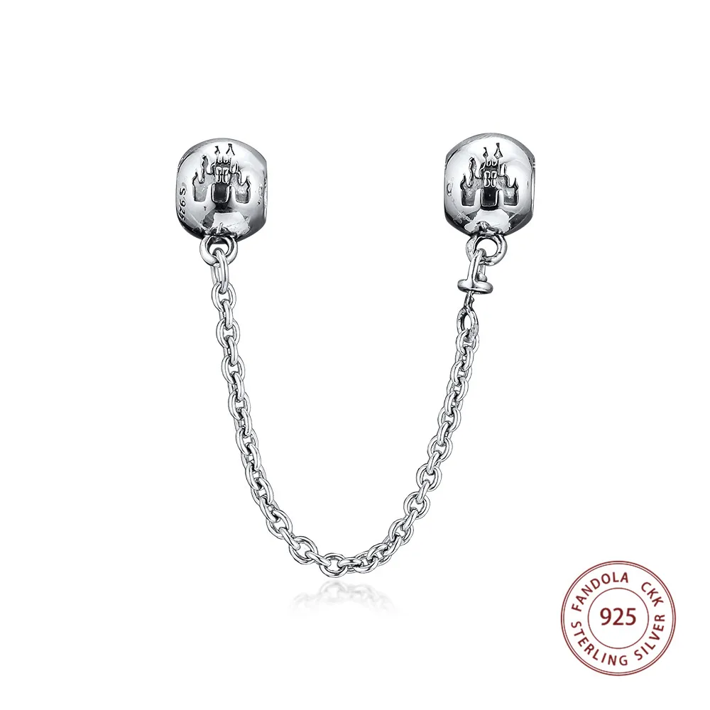 

925 Sterling Silver Charm Wonderful World Park Castlel Safety Chain Charms Beads Fits Original Bracelets DIY Jewelry Accessories