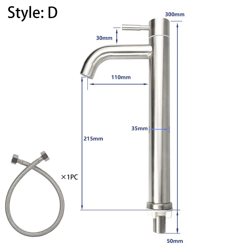 Одиночный холодный Быстрый открытый тип ванной и кухни кран из нержавеющей стали бортике кран с загнутым носиком для раковины водопроводный кран со шлангом 4 выбор - Цвет: D