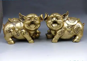 

China Brass Copper Animal Feng shui Yuan Bao Wealth Money Pig A Pair Statue