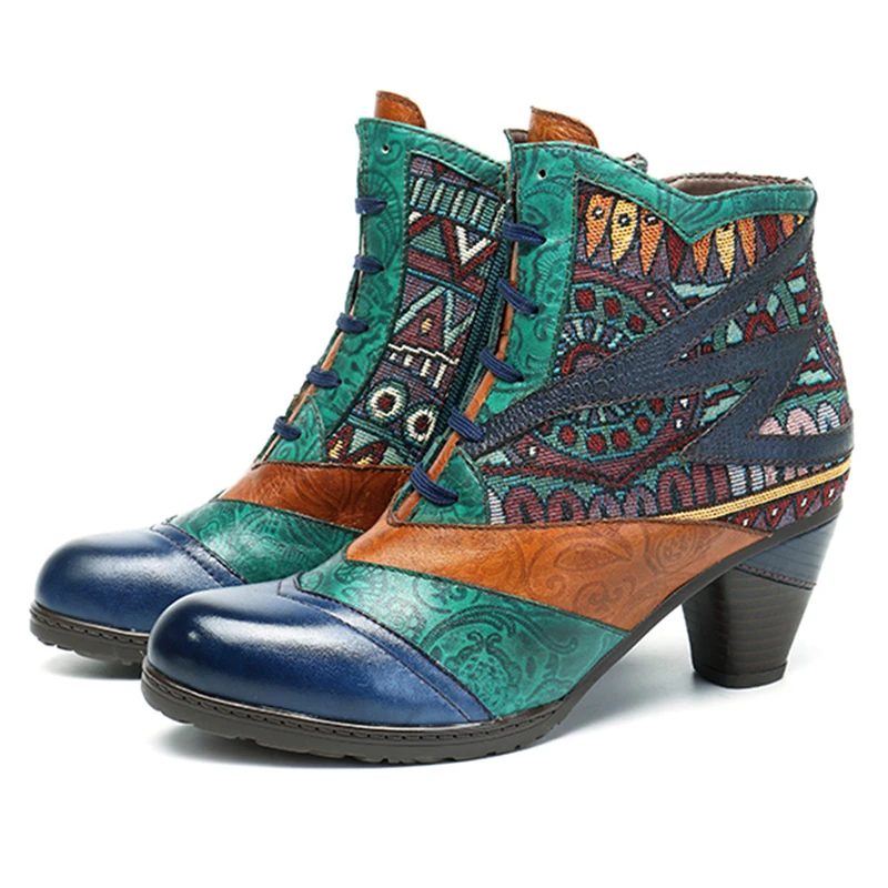 Bleu Style Cheville Mi Épissage Véritable Stylesowner Rétro Femelle Bohème Cuir Bottes Dentelle up Talons Femmes Automne Printemps Femme VjzLGSqUMp