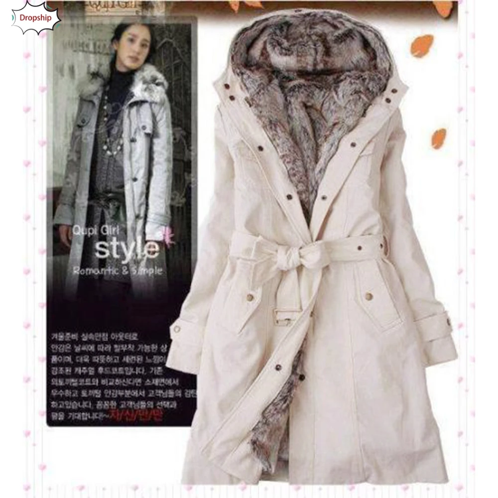 Fashion Ladies Fur Lining Coat Womens Winter Warm Thick Long Jacket Hooded Parka
