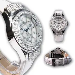 Модные часы, украшенные Chrono Crystal кожа наручные часы Валентина Бесплатная доставка
