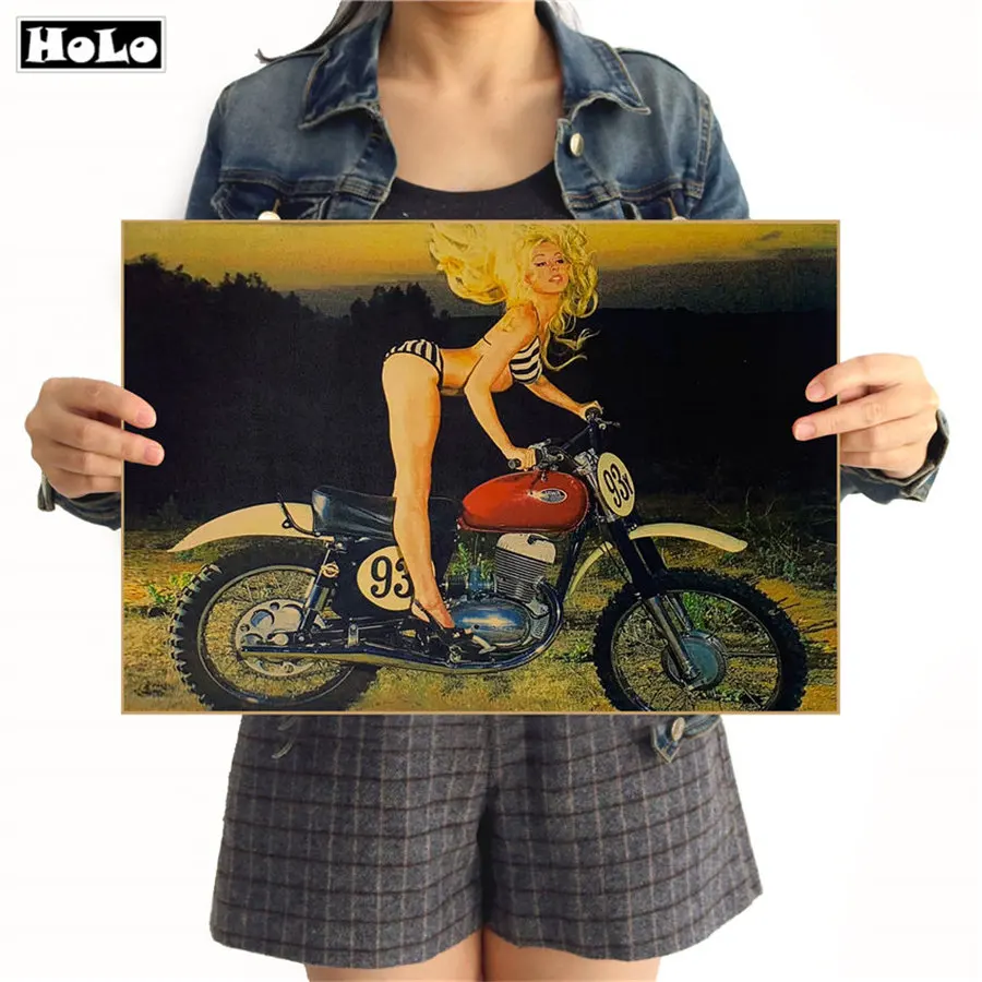 

Sexy Girl Motorcycle Vintage Poster Wall Chart Retro Paper Matte Kraft Paper cafe bar pub wall painting sticker 42x30cm GGB028