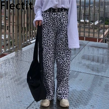 Флисовые свободные брюки с леопардовым принтом с эластичной талией, женские брюки в стиле хип-хоп, длинные брюки, Harajuku, уличная одежда