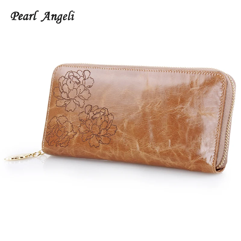 

Pearl Angeli Women Wallet Genuine Leather Vintage Hollow Out Female Purse Zipper Card Holder Travel Ladies Clutch Coin Purse
