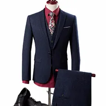 Высочайшее качество темно-синий Стиль костюмы мужские брендовые Slim Fit Blazer Бизнес формальный жених свадьба Пром Для мужчин для костюм 3 предмета смокинг