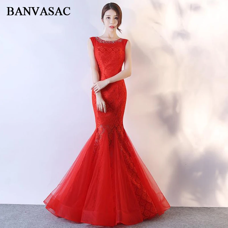 

BANVASAC 2018 Crystal O Neck Lace Embroidery Mermaid Long Evening Dresses Elegant Party Tulle Open Back Prom Gowns