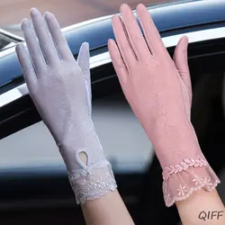Женские УФ-защита Цветочные кружевные перчатки анти-скольжение сенсорный экран сладкий карамельный цвет жаккард Вождение свадебное