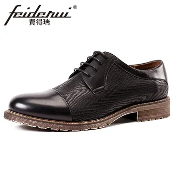 

Classic Cap Toe Genuine Leather Men's Derby Striped Platform Footwear Round Toe Lace up Man Formal Wedding Oxfords Shoes KUD225