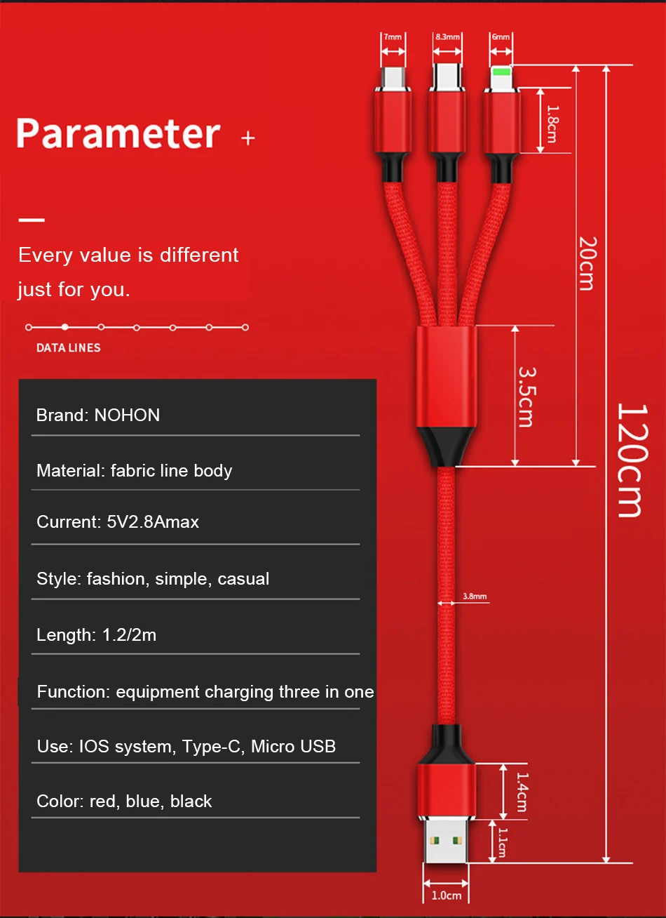 NOHON 3 в 1 кабель Micro usb type-C для samsung S8 Xiaomi 4 LG Lighting 8 Pin для iPhone 7 8 Plus X Phone зарядный кабель 1,2/2 м