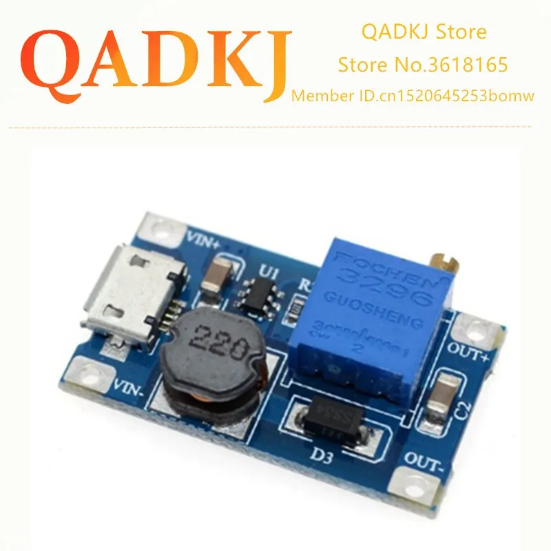 

DC-DC Adjustable Boost Module 2A Boost Plate 2A Step Up Module with MICRO USB 2V - 24V to 5V 9V 12V 28V MT3608 LM2577