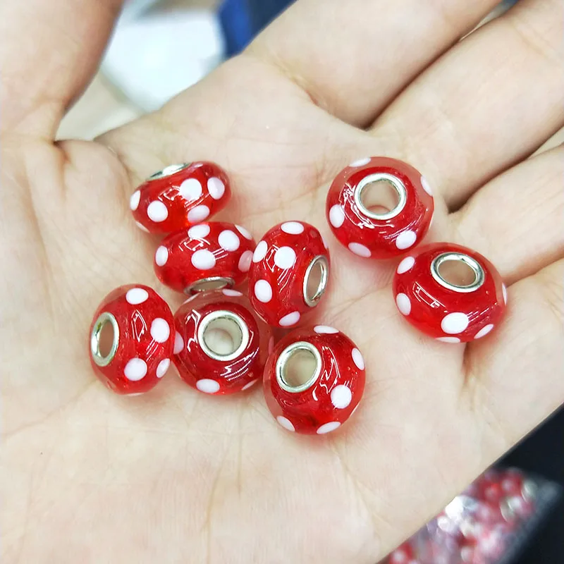 

High Quality 5pcs Red Dots Lampwork Beads Big Hole Fit European Charms Bracelet DIY Approx 8x14MM