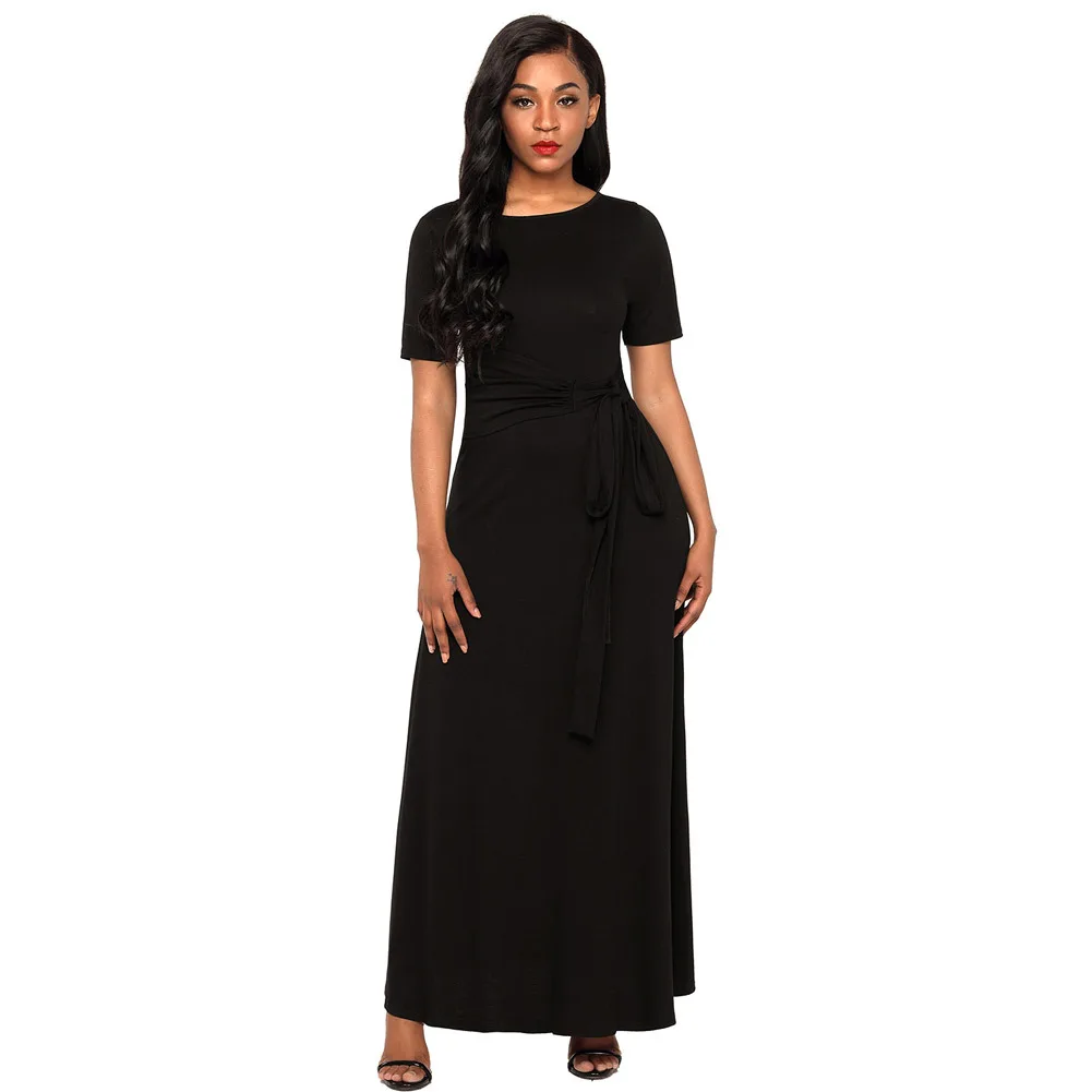 S XL new spring pure color o neck short sleeve sashes dress brand black