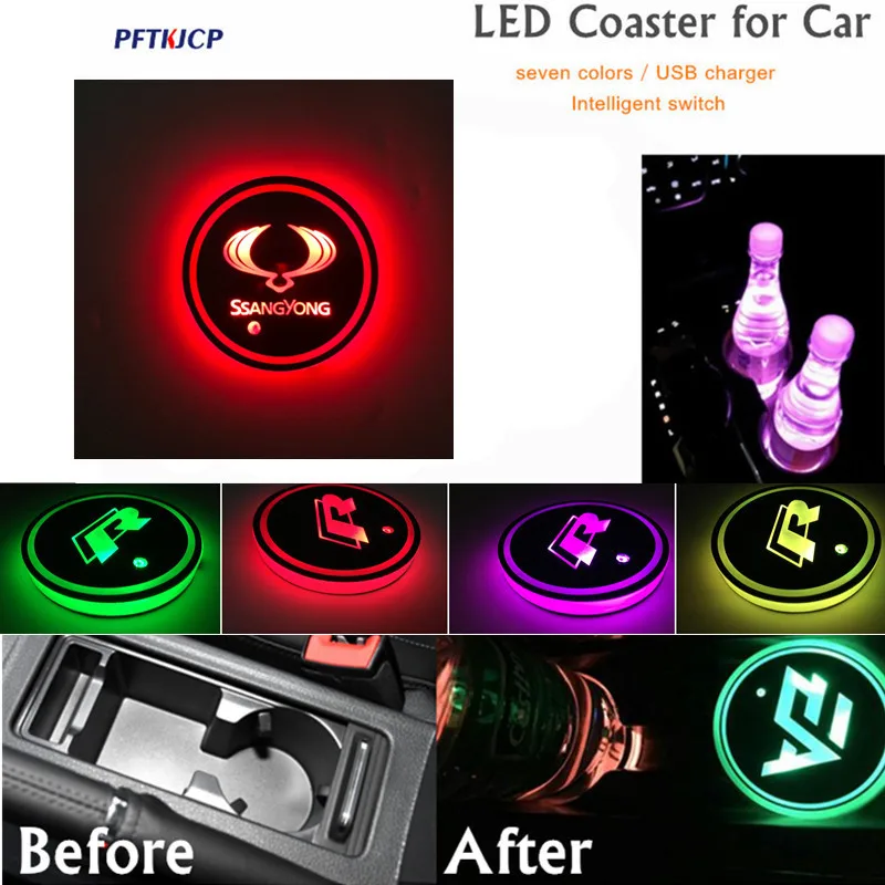 

free shipping new product! 2pcs Universal Car Multicolor LED Cup Coaster for Ssangyong Rexton Kyron Korando Actyon