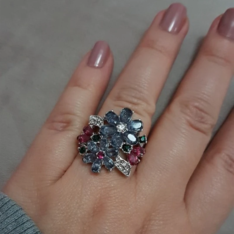 Flower Colorer Stone Engagement Ring Wedding Ring Silver Color Rings for Women Accessories Jewelry Anillos Mujer O5N046
