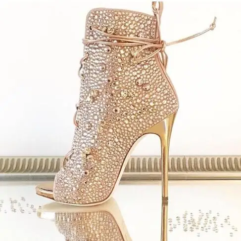 

Luxury Gold Crystal Ankle Boots Peep Toe Lace-up Short Bootie Women Dress Shoes High Heel Glatiator Sandals Boots Size 10