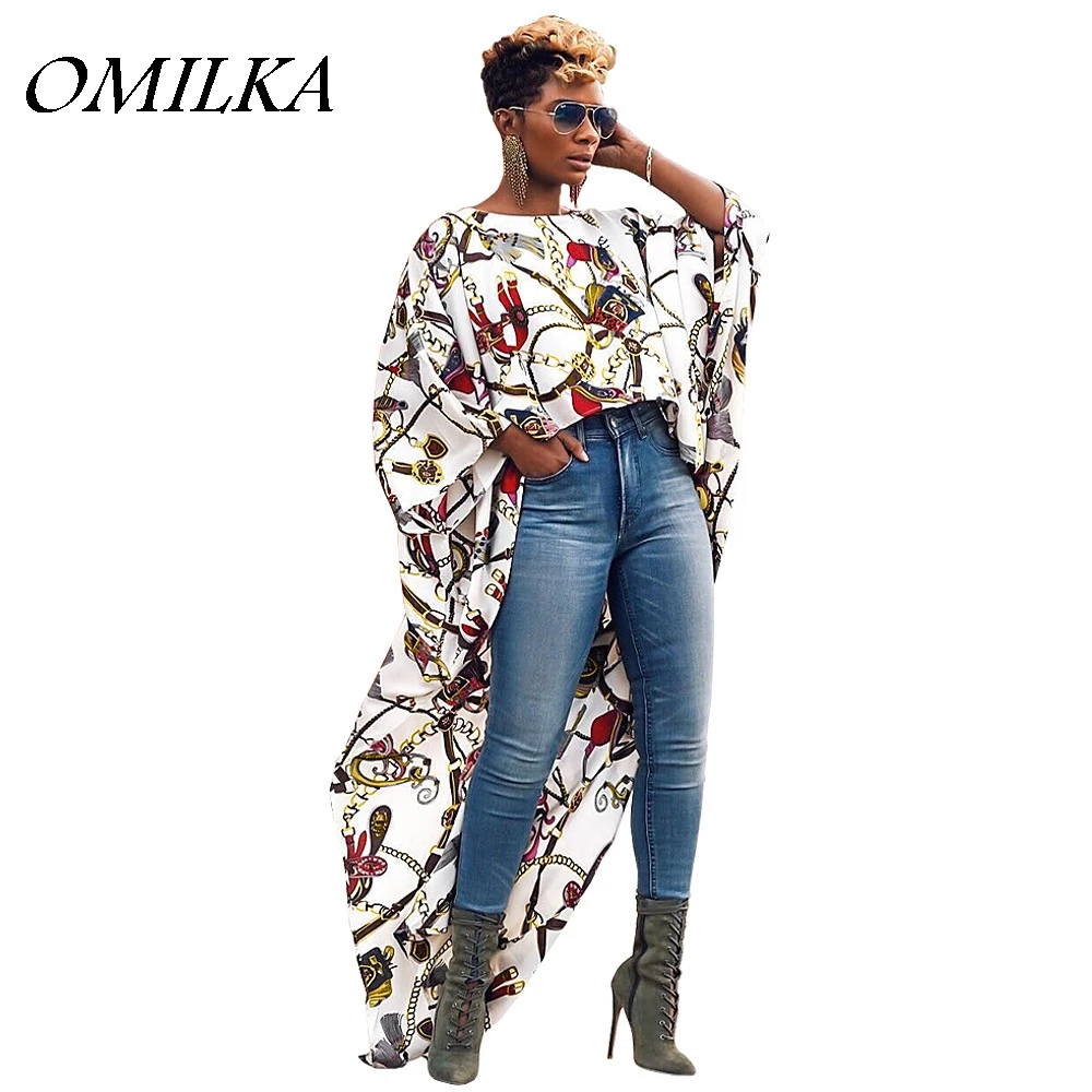 

OMILKA 2019 Summer Women Long Sleeve O Neck Chain Printed Hi Low Hip Hop T Shirt Casual Navy White Club Party Chiffon Tops Tees