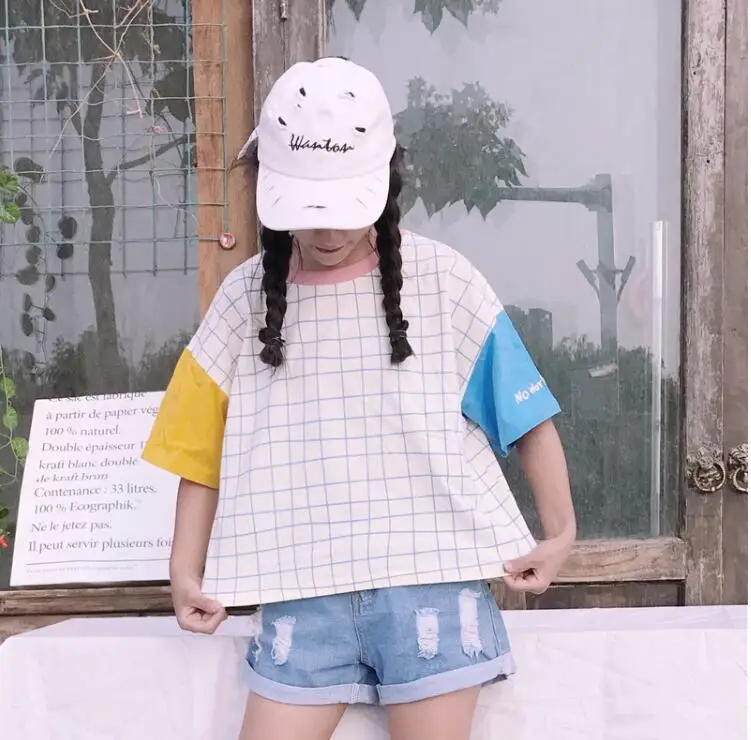

Summer new loose sweet plaid short-sleeved T-shirt