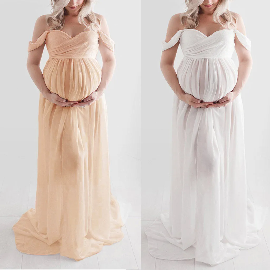 

Women Dress Pregnant Off Shoulder Sexy Cotton Photography Ruffled Nursing Long Maxi Wedding Dress robe grossesse shooting photo