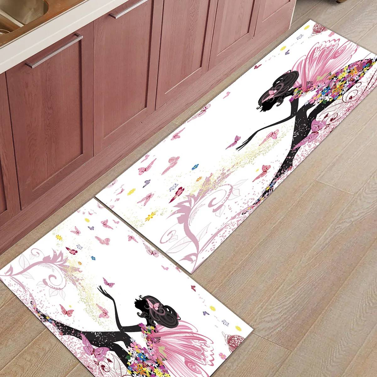 

2pcs/set Pink Butterfly Girl with Floral Dress Flower Design Doormats Entrance Front Door Rug Bathroom Kitchen Carpet Floor Mats