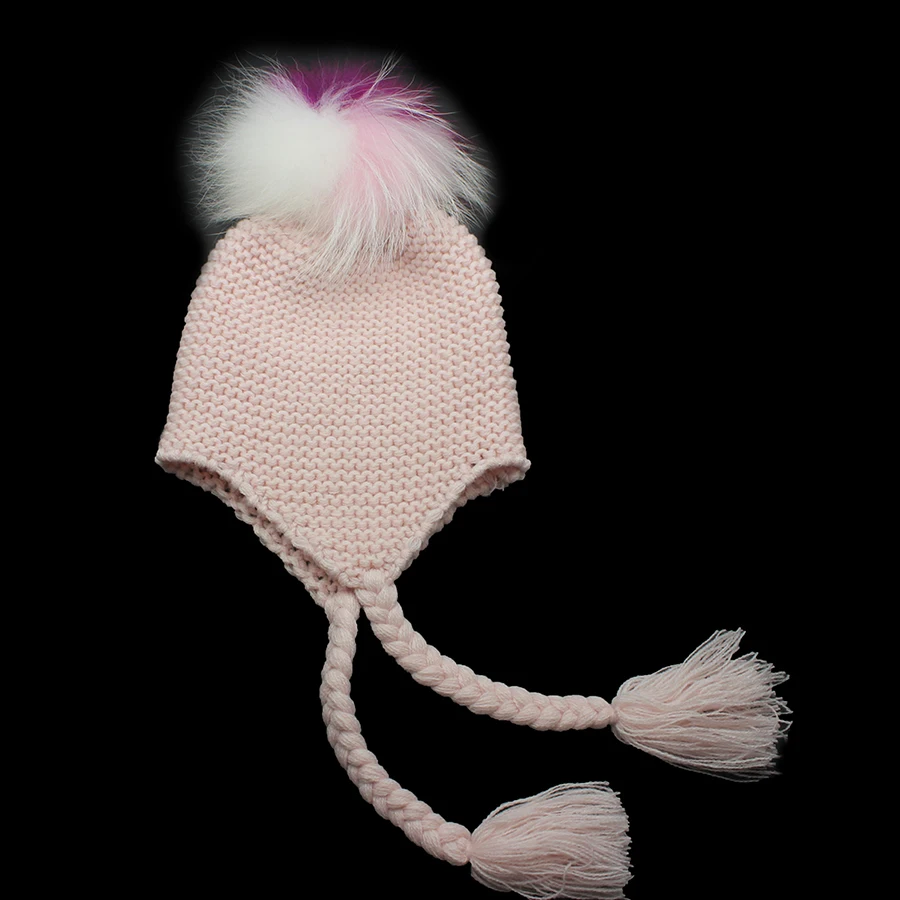 Детские Зимние теплые разноцветные вязаные шапки из меха енота с помпоном, натуральный мех, шапки с помпонами, детские шапки с защитными ушами