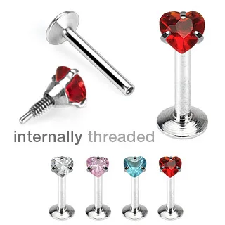 

Heart CZ Prong Set Internally Threaded Monroe Labret 1.2*8*3mm Lip Ring 3 Colors: Clear, Pink, Aqua