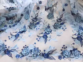 

GLace 1Y/Lot High qualtiy blue 3D flower beaded embroidery lace fabric soft mesh fabric heavy handmade cloth skirt dress TX925