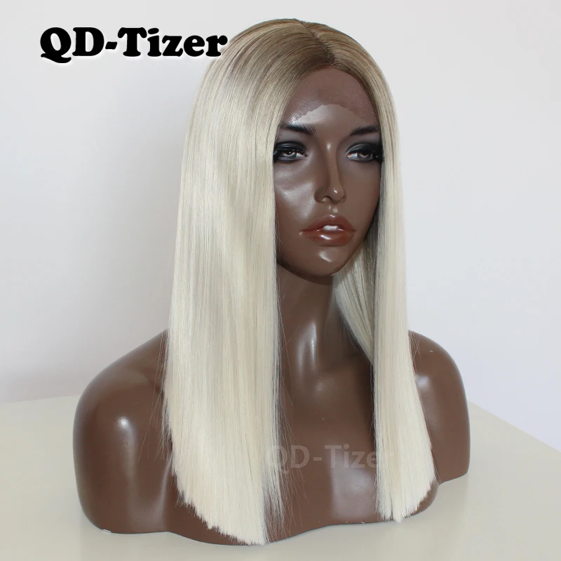 QD-Tizer темные корни Омбре Платина прямой синтетический кружевной передний парик короткий Боб термостойкие волокна Кружева передние парики для женщин