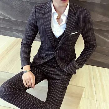 

3 Piece Mens Suit With Pants Vest Tweed Striped Slim Fit Suits for Men Costume Homme Designer Tuxedo Retro Mariage 2019 Mauchley